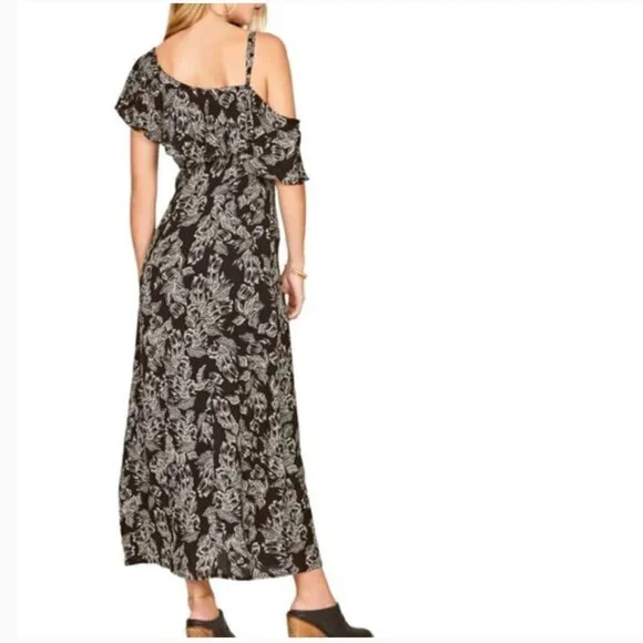 Amuse Society Black & White Floral Asymmetric Cold Shoulder Maxi Dress Large L - Picture 5 of 14